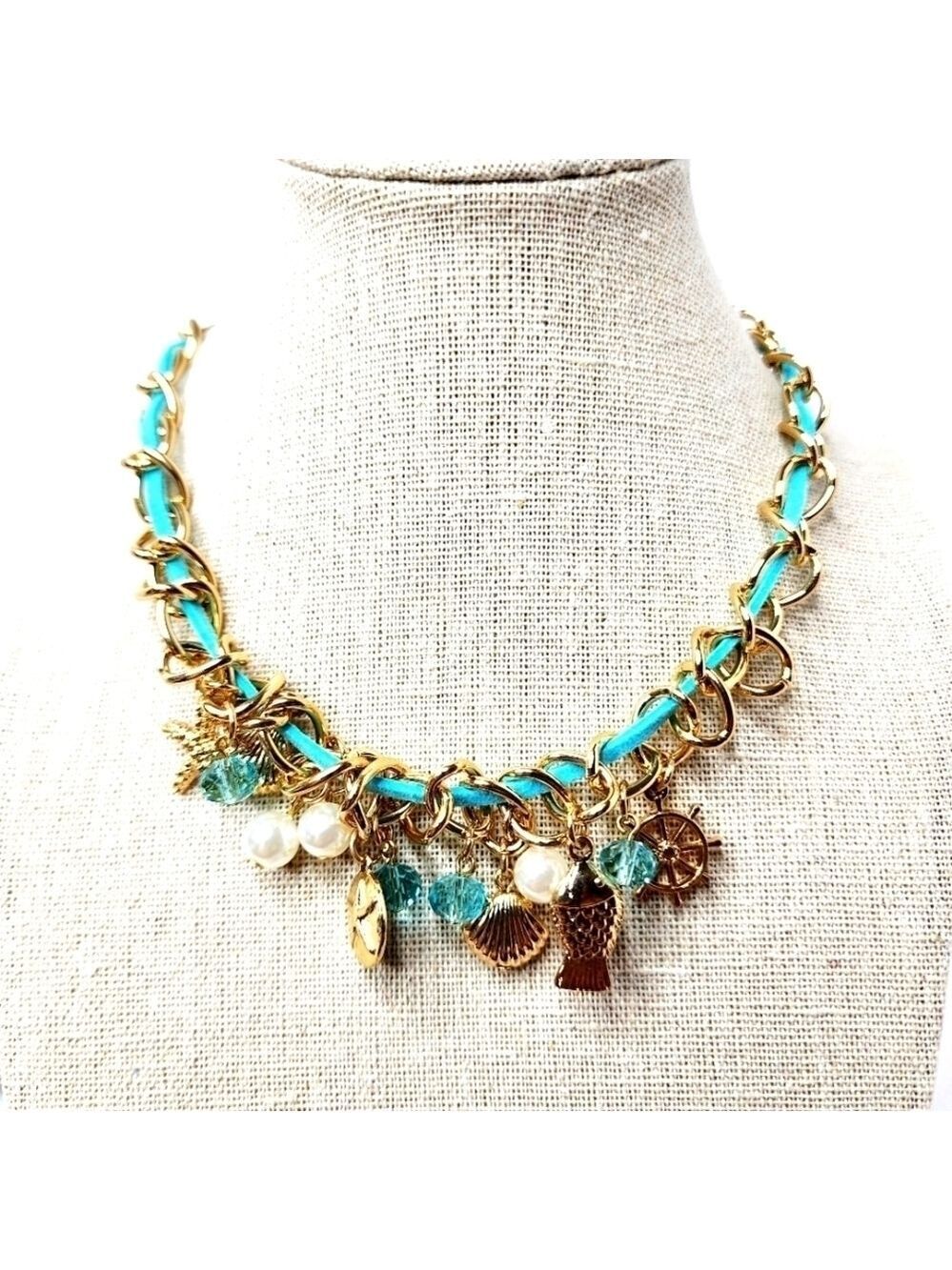 NEW PERIWINKLE BY BARLOW NECKLACE GOLD AQUA COASTAL BEACH PEARLS VACATION